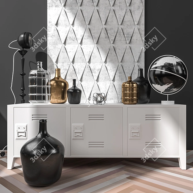 Elegant Décor Set with White Cabinet, Vases, Lamp, Decorative Panel, and Abstract Globe 3D model image 1