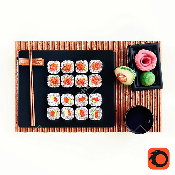 Japanese Sushi Set: Salmon, Wasabi, and Ginger 3D model image 2