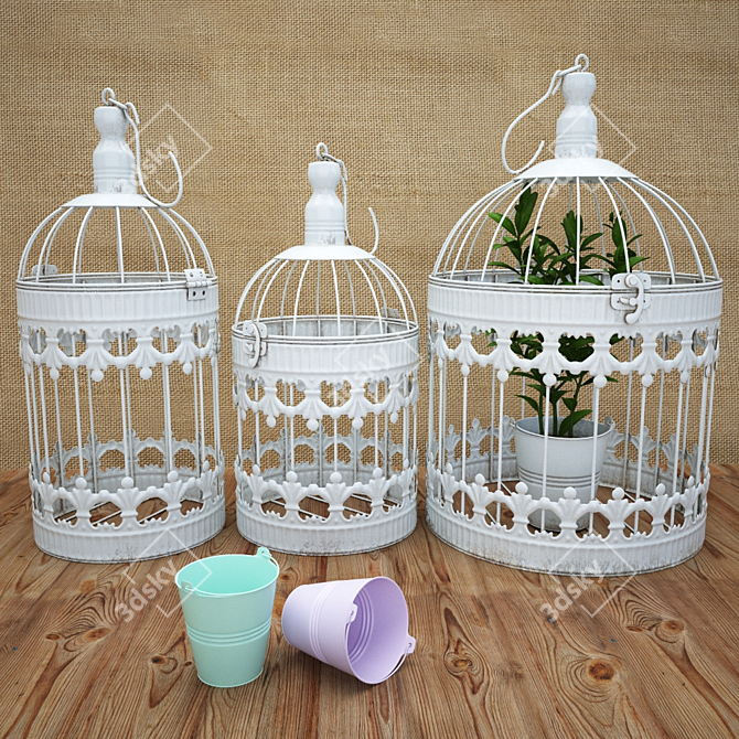 Vintage Rustic Bird Cage Set with Plant: White, Patina, Mint, Pink 3D model image 1