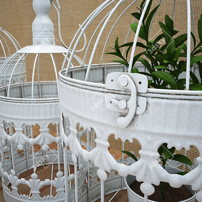 Vintage Rustic Bird Cage Set with Plant: White, Patina, Mint, Pink 3D model image 2