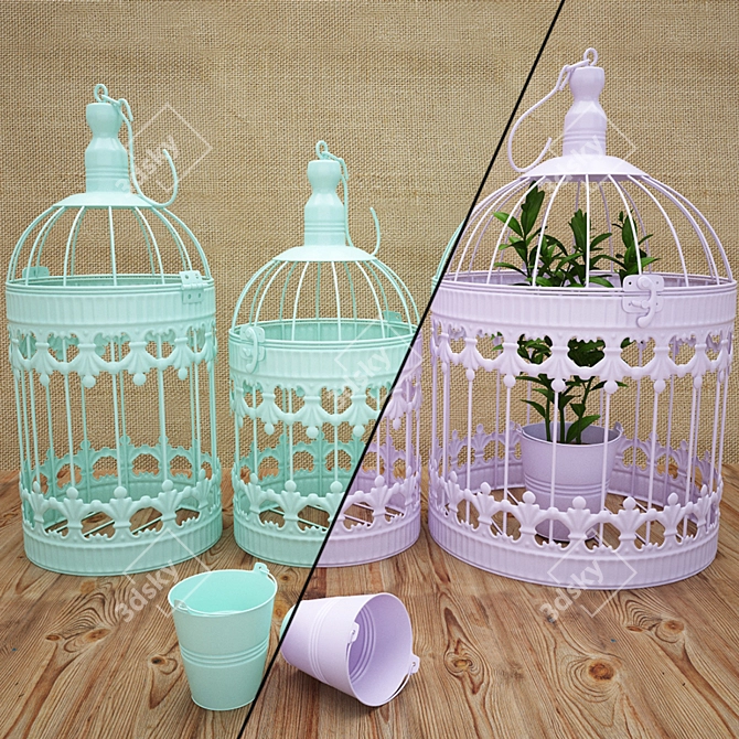 Vintage Rustic Bird Cage Set with Plant: White, Patina, Mint, Pink 3D model image 3