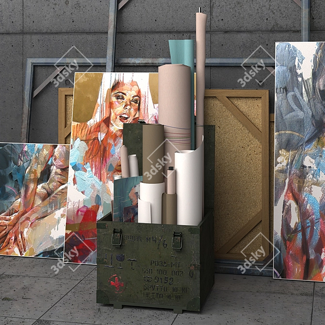 Decorative Set: Box, Easel & Artworks 3D model image 2