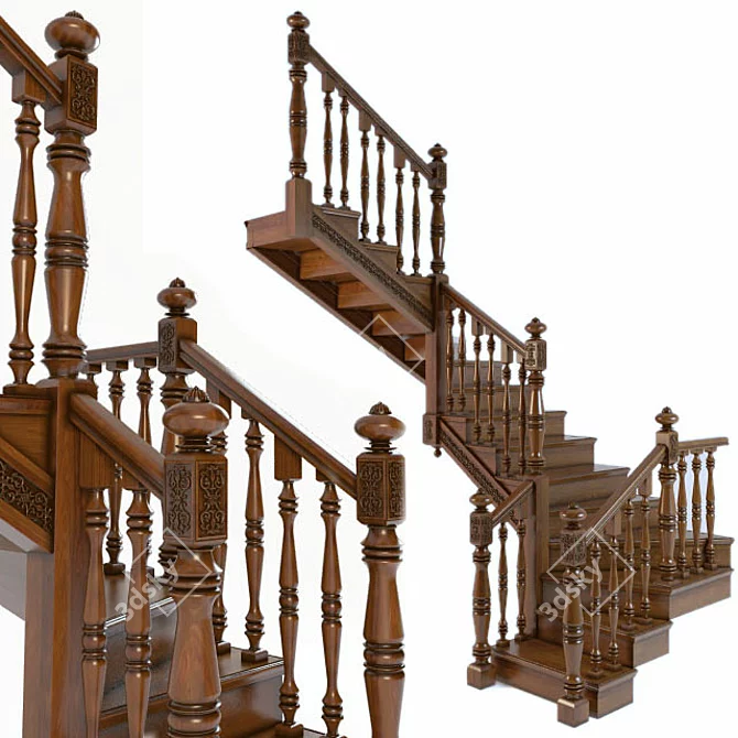 Russian Style Wooden Staircase 3D model image 1