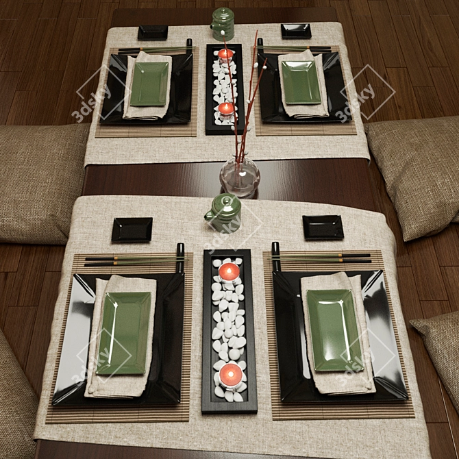 Japanese Tableware Set: Table & Pillows 3D model image 1