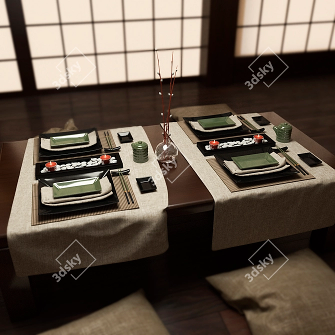 Japanese Tableware Set: Table & Pillows 3D model image 2