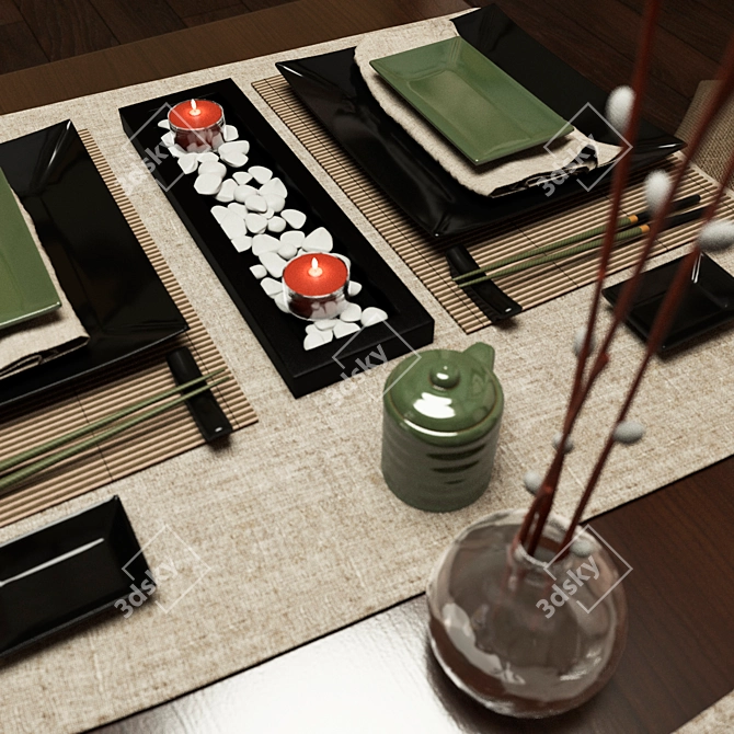 Japanese Tableware Set: Table & Pillows 3D model image 3