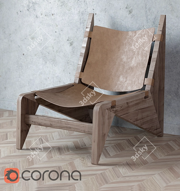 Sleek Wood and Leather Chair 3D model image 1