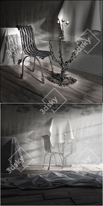 Forged Iron Chair, Table & Candlestick 3D model image 3