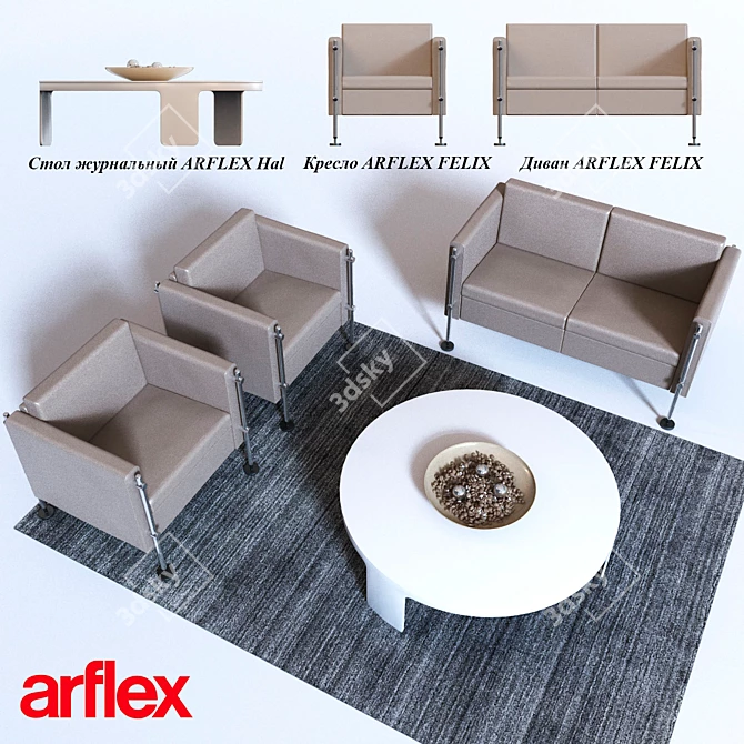 Stylish ARFLEX Set: Sofa, Chair, Coffee Table, Rug & Decor 3D model image 1