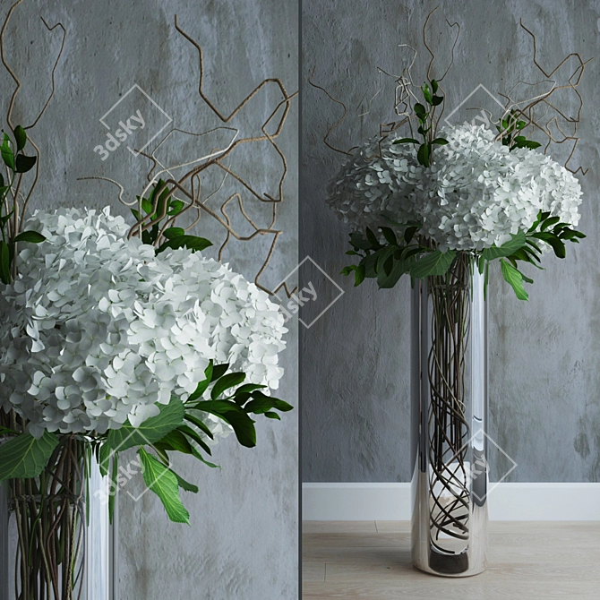 Elegant White Hydrangeas in Tall Vase 3D model image 1