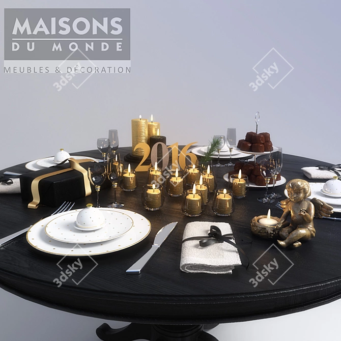 Golden New Year Wood Table 3D model image 1