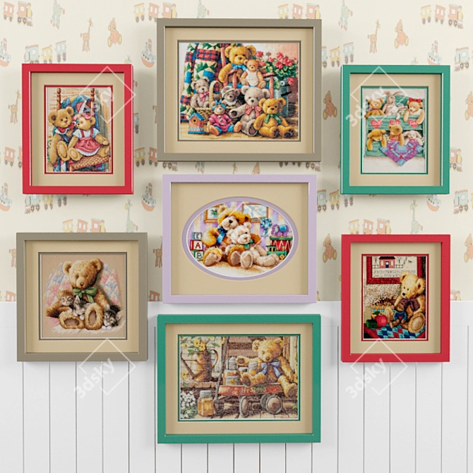 Colorful Teddy Bears Embroidery 3D model image 1