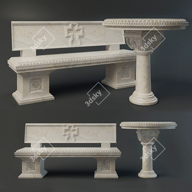 Elegant Marble Bench & Table Set 3D model image 1