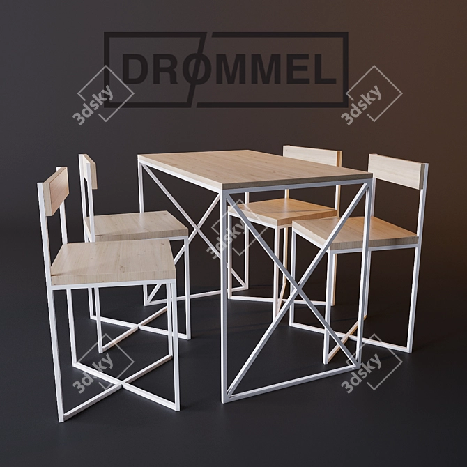 Modern Steel and Pine Table Set 3D model image 1