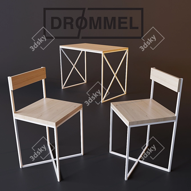 Modern Steel and Pine Table Set 3D model image 2