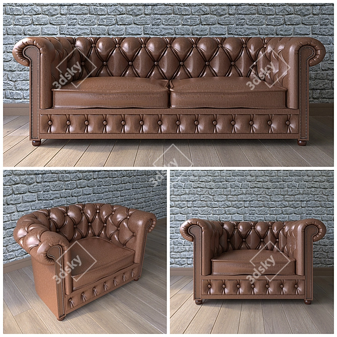 Elegant Chesterfield Sofa Set 3D model image 1