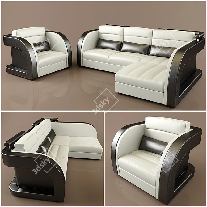 Modern Black and White Leather Sofa Set 3D model image 1