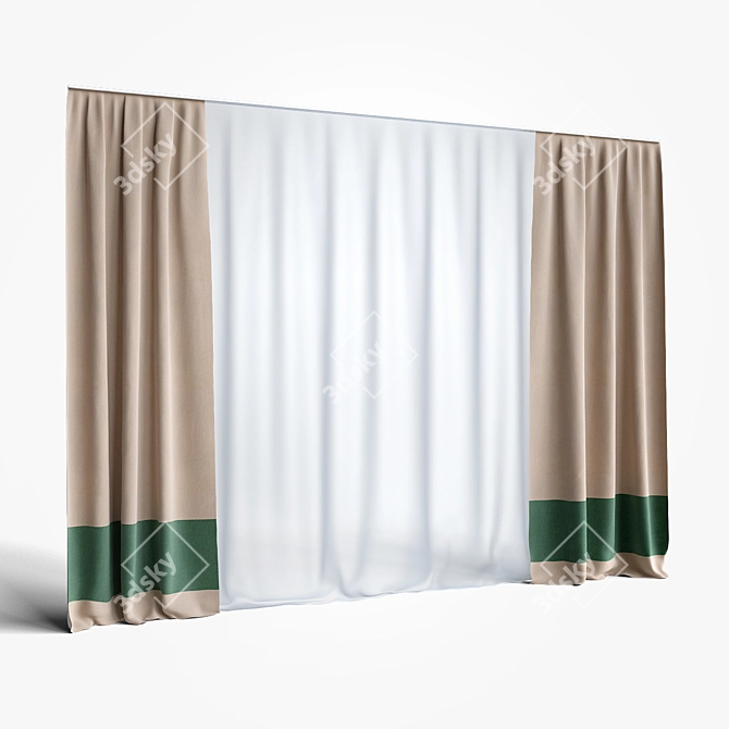 Double Straight Curtains with Tulle | 3m Height 3D model image 1