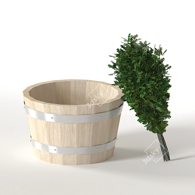Oak Bath Broom & Tub Set 3D model image 1