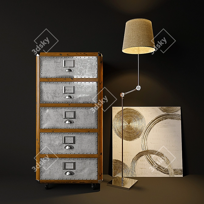 Elegant Silver Chest of Drawers & Table Lamp 3D model image 1