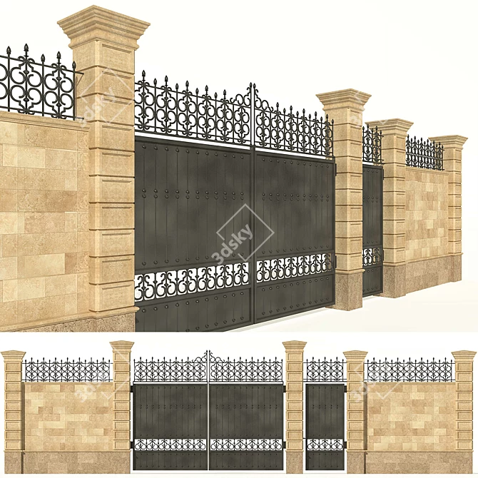 ForgeStone Fence: 3m Width, 4.8m Gates, 1.7m Gate. 3.3m Height 3D model image 1