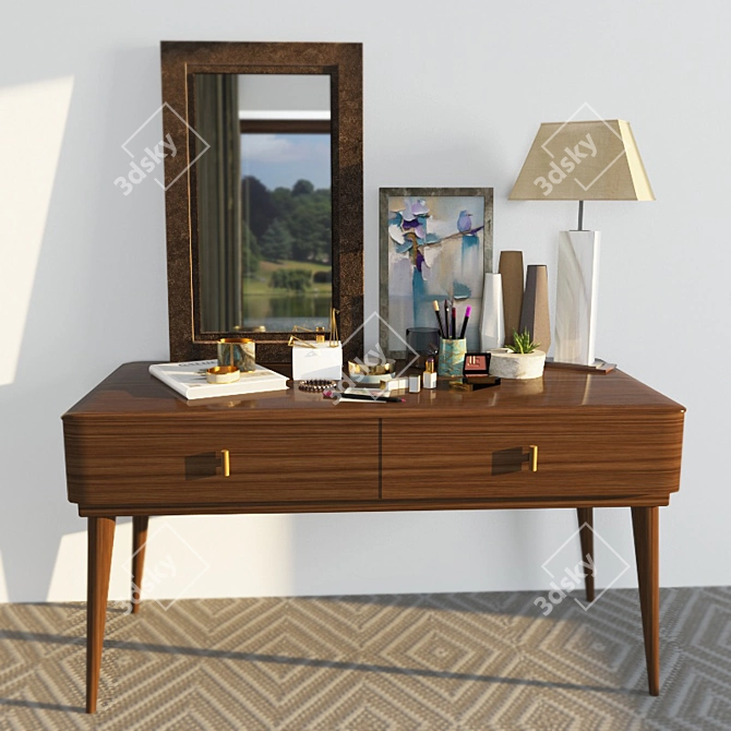 Chic Decor Dresser: Tau Madera Lamp, Designer Table, Floral Vase, Tom Ford Makeup, Mac Cosmetics Lip Pencils 3D model image 1