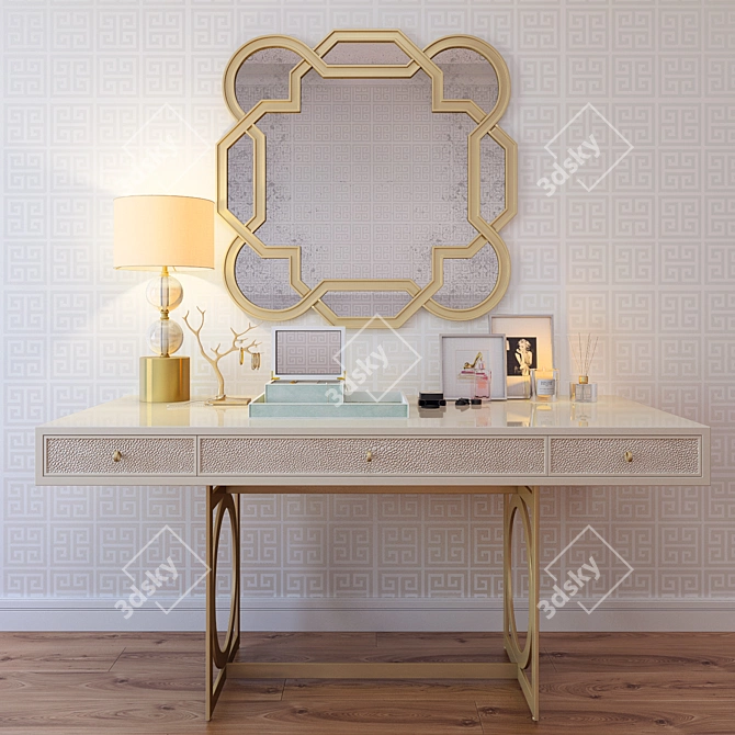 Luxury Dressing Table Set: Bernhardt Desk, Mirror, Shagreen Box & Tray, Lamp, Decor 3D model image 1