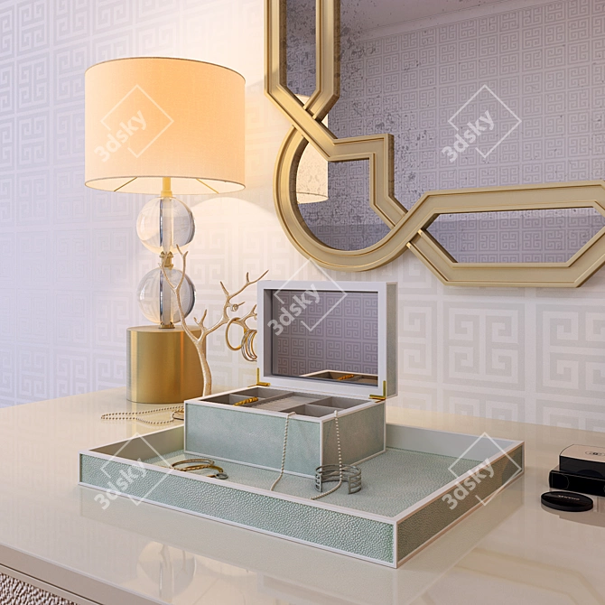 Luxury Dressing Table Set: Bernhardt Desk, Mirror, Shagreen Box & Tray, Lamp, Decor 3D model image 2