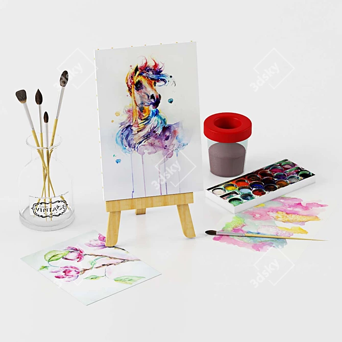 Artists' Essentials: Tabletop Easel with Watercolor Brushes & Tablet 3D model image 1