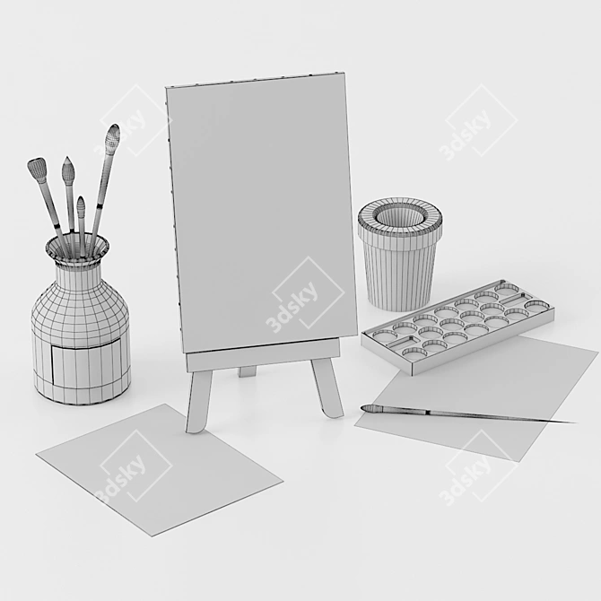 Artists' Essentials: Tabletop Easel with Watercolor Brushes & Tablet 3D model image 2