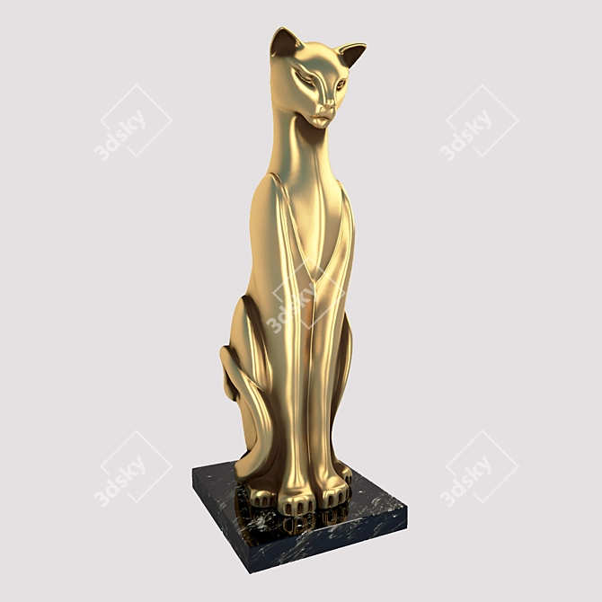 Golden Cat Figurine on Marble Base 3D model image 1