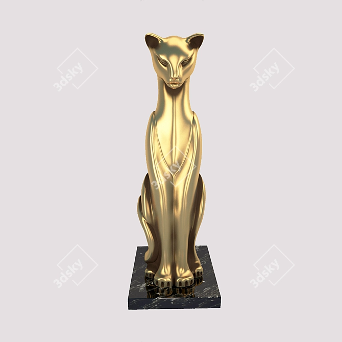 Golden Cat Figurine on Marble Base 3D model image 2