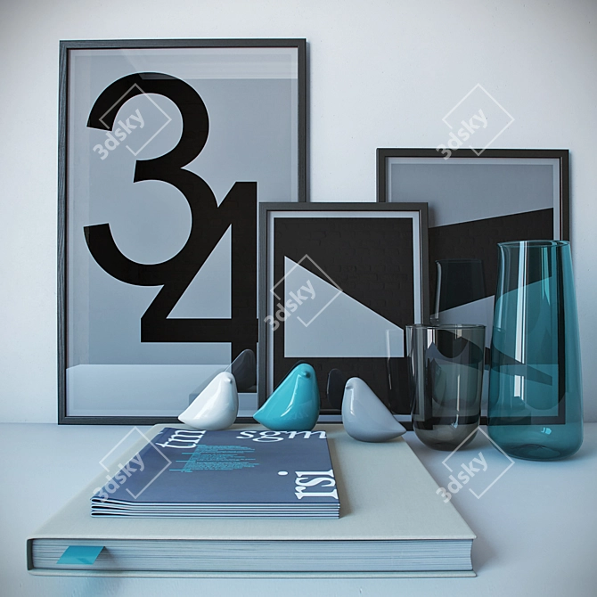 Elegant Decorative Set: Books, Magazines, Vases, Birds, Posters 3D model image 1