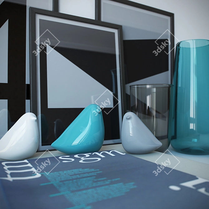 Elegant Decorative Set: Books, Magazines, Vases, Birds, Posters 3D model image 2