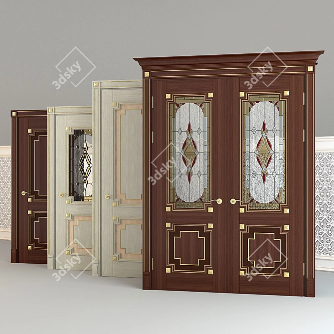 Title: Altair Two-panel Stained Wood Doors with Faceted Glass 3D model image 1
