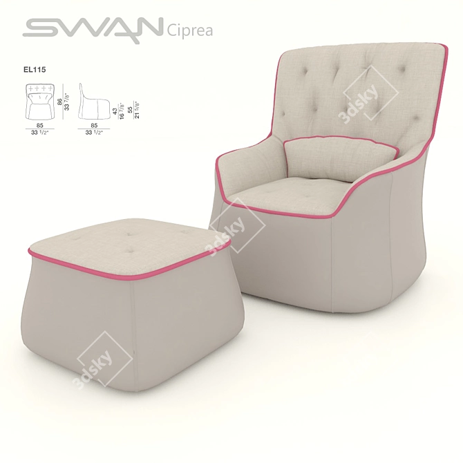 Italian Swan Armchair with Pouf, Ciprea Long Back 3D model image 1