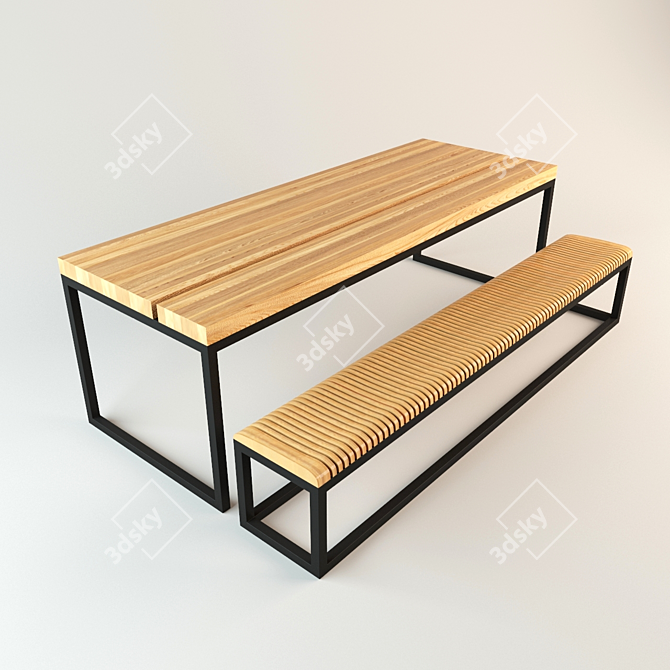 Modern Ash Wood Table and Bench 3D model image 1