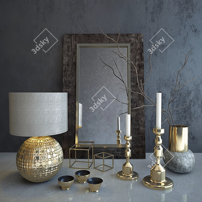 Luxury Gold Decor Set - Elegant Lighting, Candleholders, Mirror, Vase & Branches 3D model image 1