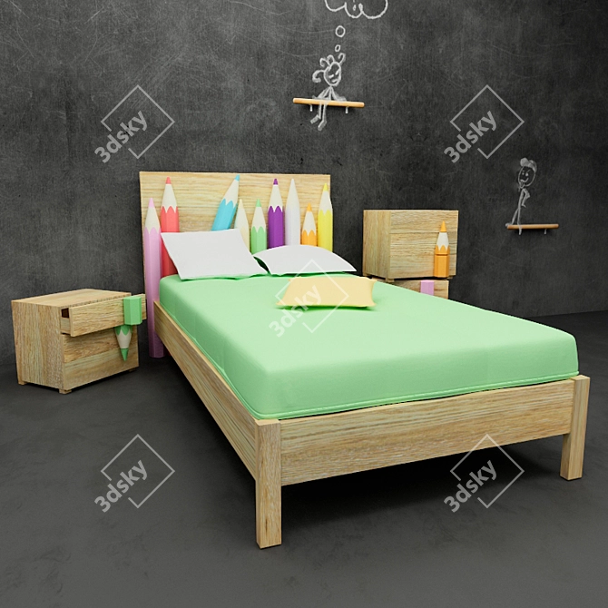 Italian Pencil Design Bed & Nightstand 3D model image 2