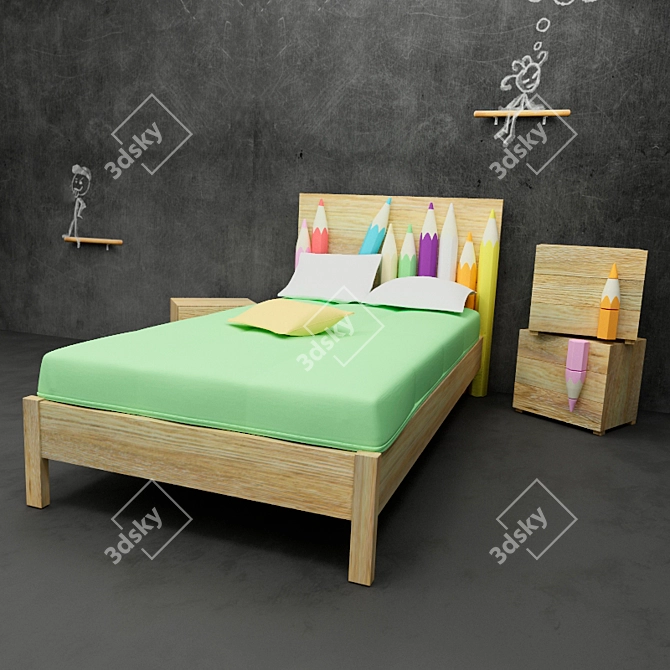 Italian Pencil Design Bed & Nightstand 3D model image 1