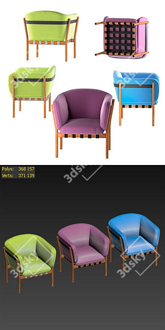 Colorful Set of 3 Dowel Armchairs 3D model image 1