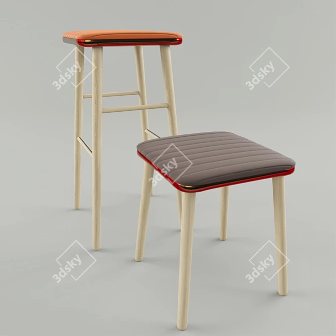 Modern Wooden High Stool 3D model image 2