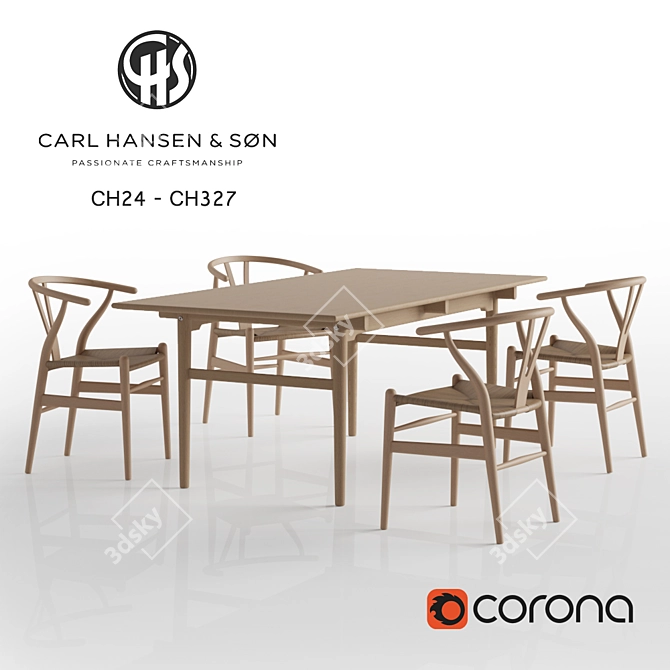 Wegner's Wishbone Chair & Hardwood Table 3D model image 1