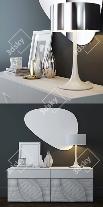 Elegant Leaves Chest with Stone Mirror & Pluto Lamp 3D model image 3