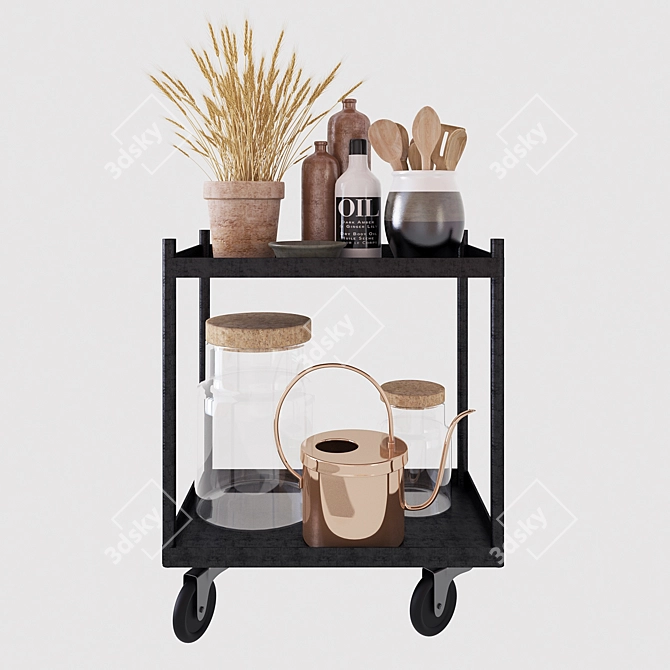 Rustic Plant Trolley with Decor 3D model image 1