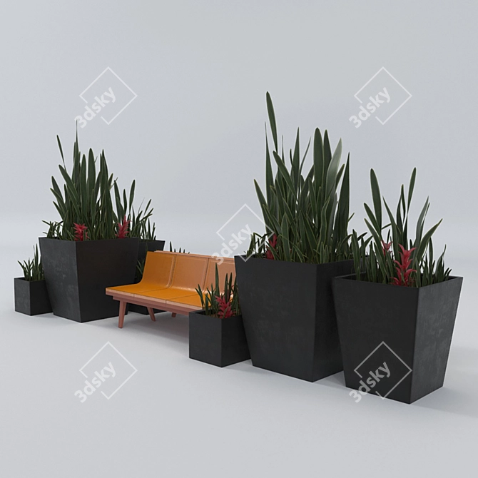 Architectural Bench & Plant Duo 3D model image 1