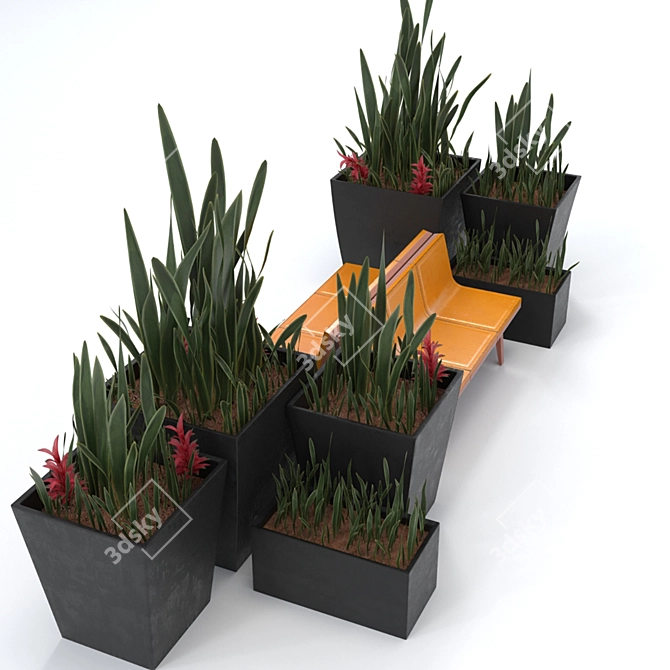 Architectural Bench & Plant Duo 3D model image 2