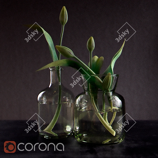 Title: Lush Green Tulips in Bottles 3D model image 1