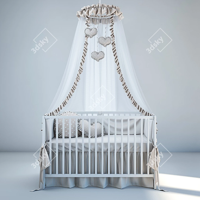 Modern Baby Bed with Bedding & Canopy 3D model image 1