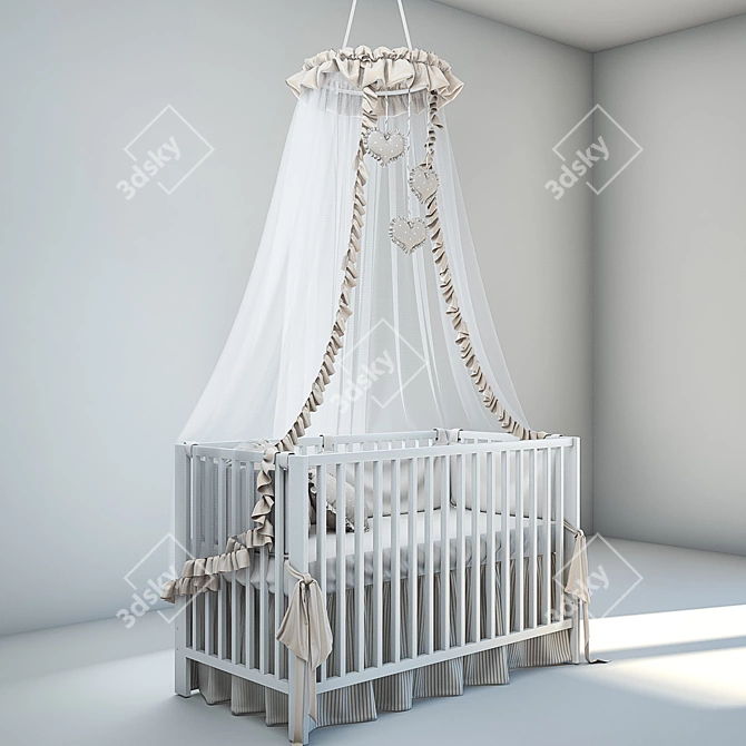 Modern Baby Bed with Bedding & Canopy 3D model image 2
